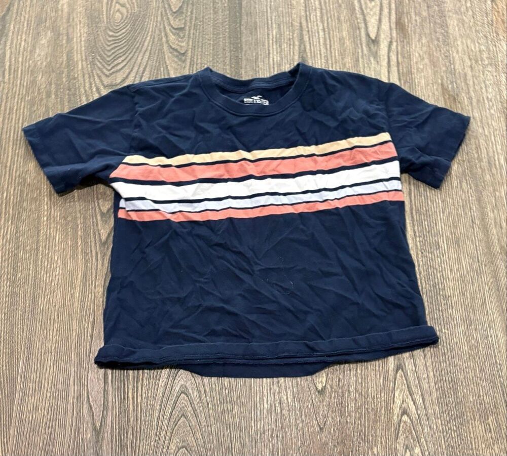 Hollister Women's Striped Must-Have Collection Cropped T-Shirt Navy Blue Size XS